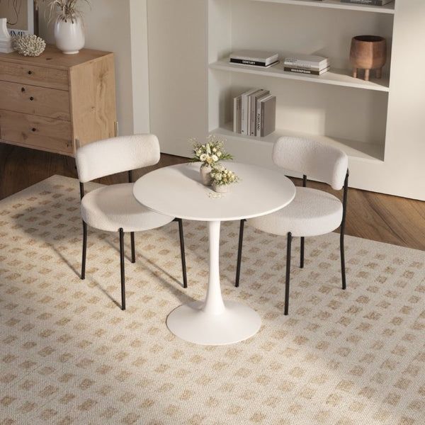 English Elm White Boucle Dining Chair Set of 4 Mid Century Barrel Back with Matte Black Legs W2189S01018