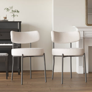 English Elm White Boucle Dining Chair Set of 4 Mid Century Barrel Back with Matte Black Legs W2189S01018