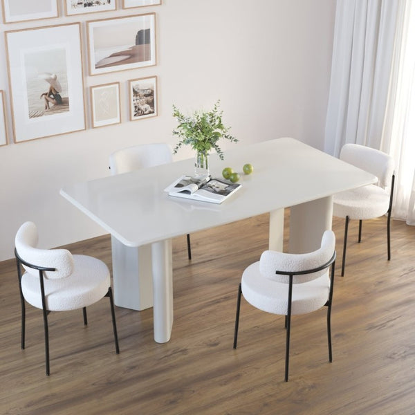English Elm White Boucle Dining Chair Set of 4 Mid Century Barrel Back with Matte Black Legs W2189S01018