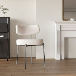 English Elm White Boucle Dining Chair Set of 4 Mid Century Barrel Back with Matte Black Legs W2189S01018