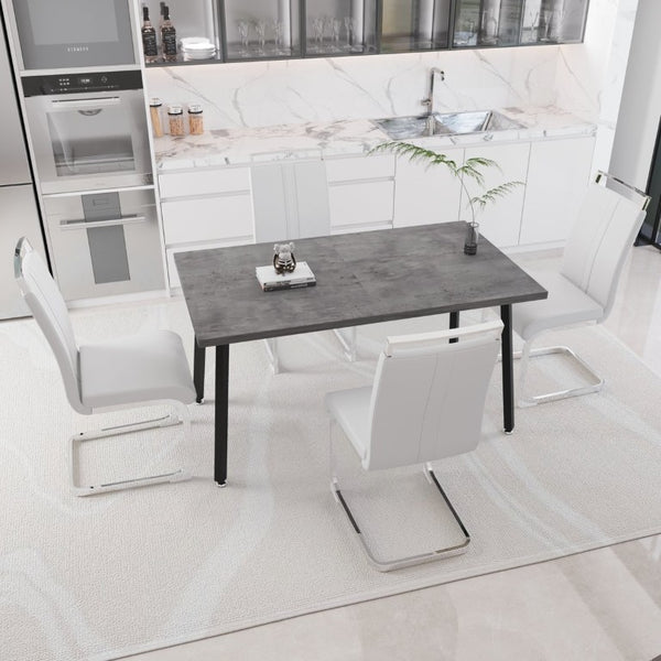 English Elm 55.12-70.87 Inch Expandable Dining Table Set Seats 6 with Faux Leather Industrial Chairs W2189S01089