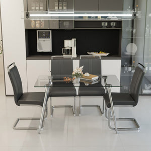 English Elm 51 Inch Tempered Glass Dining Set for Four with Faux Leather Chairs and Chrome Legs W2189S01098