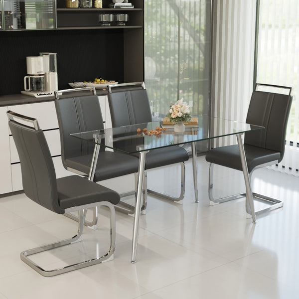 English Elm 51 Inch Tempered Glass Dining Set for Four with Faux Leather Chairs and Chrome Legs W2189S01098