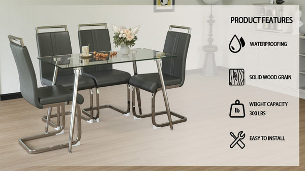 English Elm 51 Inch Tempered Glass Dining Set for Four with Faux Leather Chairs and Chrome Legs W2189S01098