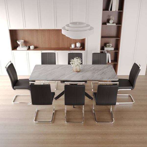 English Elm 62.4 Inch Extendable MDF Dining Table Set Seating 8 with Padded Chairs Metal Legs W2189S01110