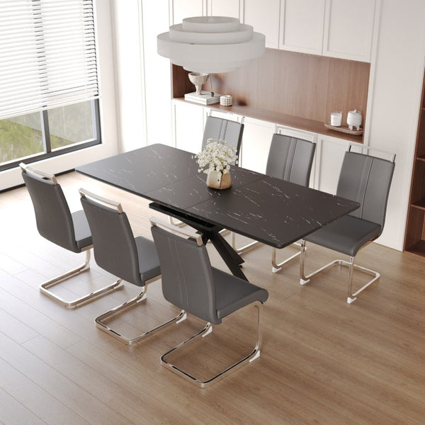 English Elm 62.4 Inch Extendable MDF Dining Set Seats Eight with Padded Armless Chairs W2189S01115