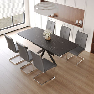 English Elm 62.4 Inch Extendable MDF Dining Set Seats Eight with Padded Armless Chairs W2189S01115