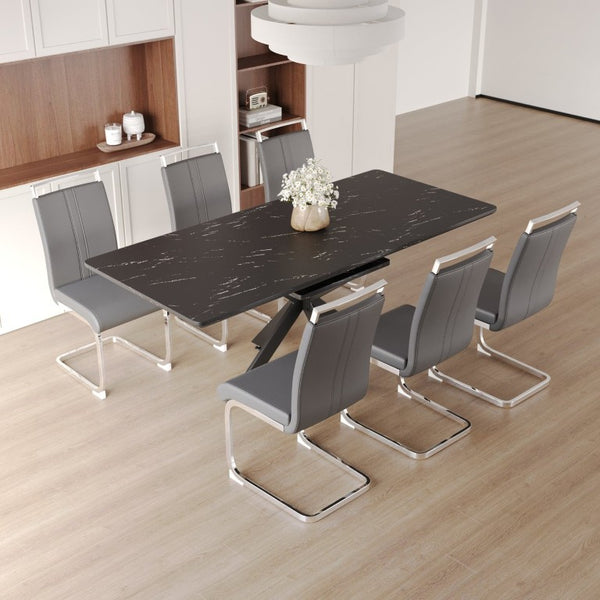 English Elm 62.4 Inch Extendable MDF Dining Set Seats Eight with Padded Armless Chairs W2189S01115