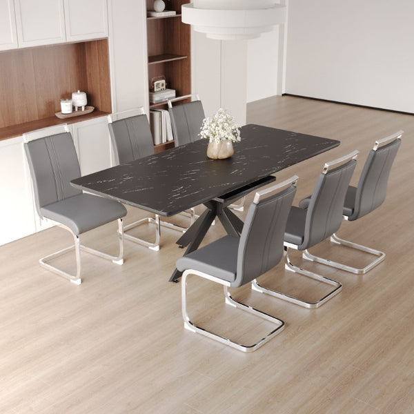 English Elm 62.4 Inch Extendable MDF Dining Set Seats Eight with Padded Armless Chairs W2189S01115