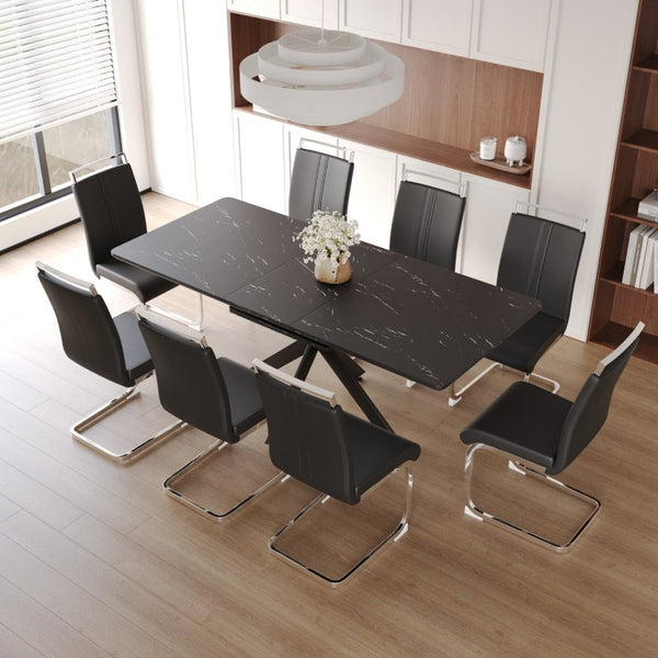 English Elm 62.4 Inch Extendable MDF Dining Table Set with 8 Padded Chairs and Metal Legs W2189S01116