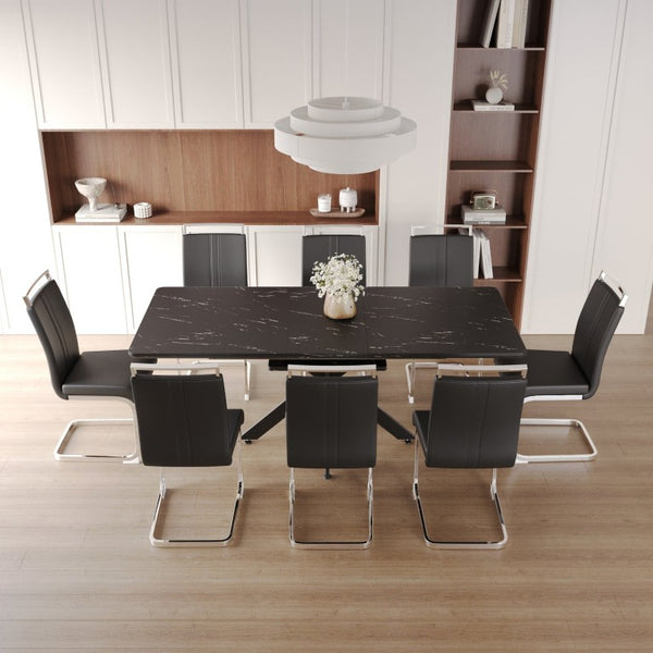 English Elm 62.4 Inch Extendable MDF Dining Table Set with 8 Padded Chairs and Metal Legs W2189S01116