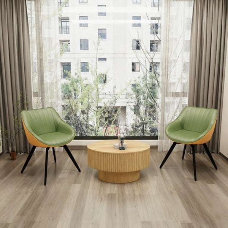 English Elm 29.53 Inch Round MDF Dining Set with PU Chairs Open Shelf and Sculptural Groove Detail W2189S01133