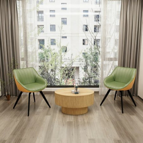 English Elm 29.53 Inch Round MDF Dining Set with PU Chairs Open Shelf and Sculptural Groove Detail W2189S01133