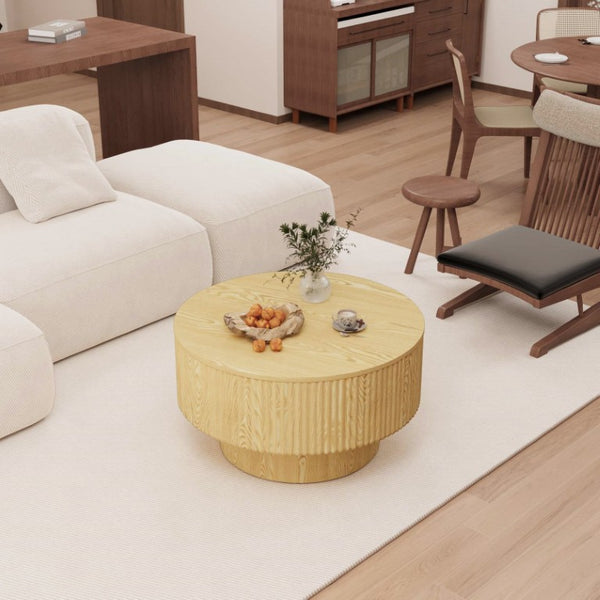 English Elm 29.53 Inch Round MDF Dining Set with PU Chairs Open Shelf and Sculptural Groove Detail W2189S01133