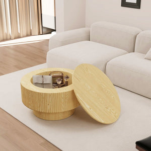 English Elm 29.53 Inch Round MDF Dining Set with PU Chairs Open Shelf and Sculptural Groove Detail W2189S01133
