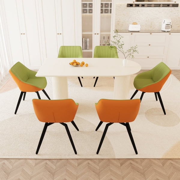 English Elm 63 Inch Cream MDF Dining Table with Six Green PU Chair Set and Black Metal Legs 6 Chairs W2189S01134