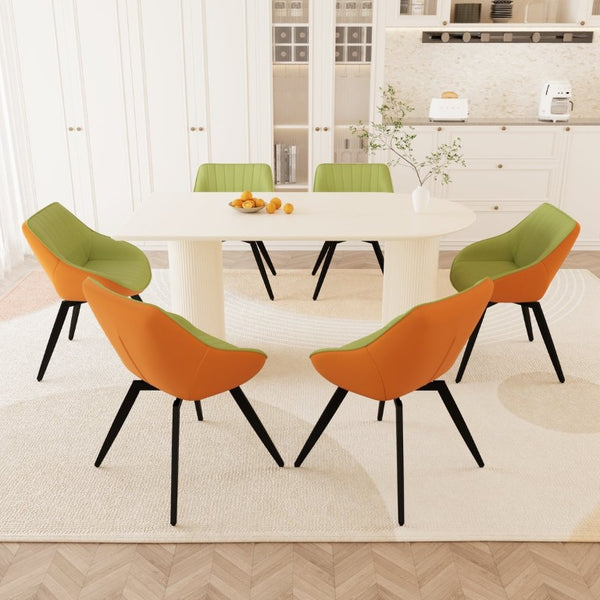 English Elm 63 Inch Cream MDF Dining Table with Six Green PU Chair Set and Black Metal Legs 6 Chairs W2189S01134