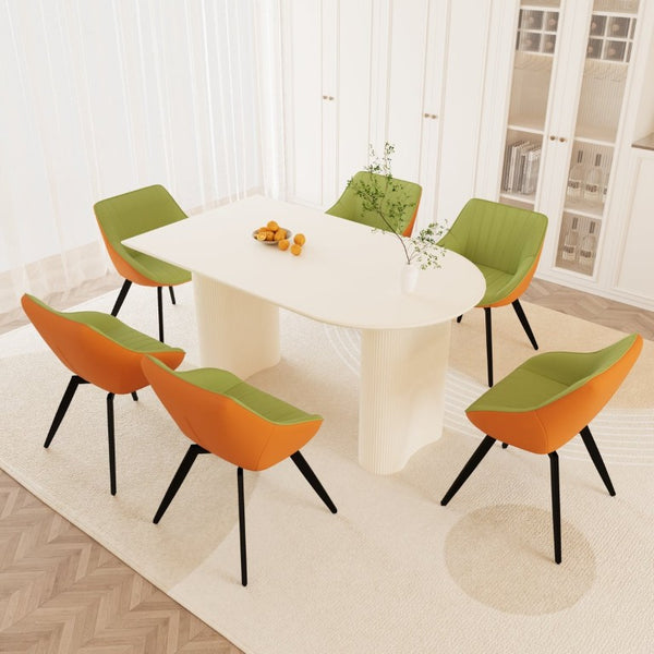 English Elm 63 Inch Cream MDF Dining Table with Six Green PU Chair Set and Black Metal Legs 6 Chairs W2189S01134