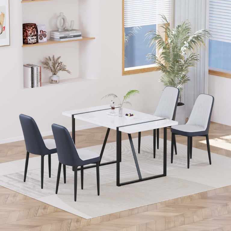English Elm 55 Inch Industrial Dining Set with White MDF Top Black Metal Legs and Padded PU Chairs Blue, White W2189S01138