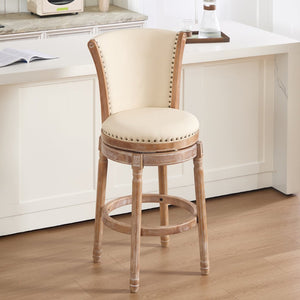 English Elm Cow Leather Swivel Barstool Solid Hardwood Frame Cushioned Back for Kitchen Island W2195P479947