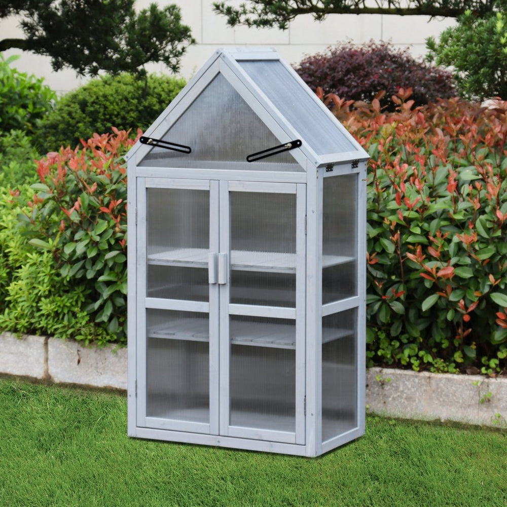 English Elm Mini Cedar Greenhouse with Vented Roof Adjustable Shelves for Patio Balcony Garden W21966788
