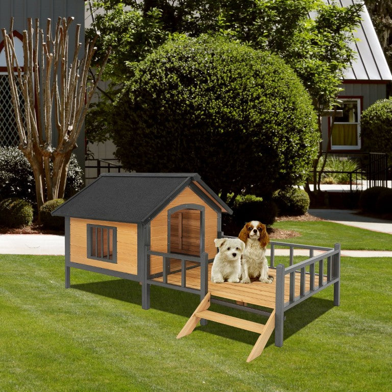 English Elm Unique Cabin Style Outdoor Dog Kennel Finnish Spruce Iron Frame with Covered Porch W219P246168