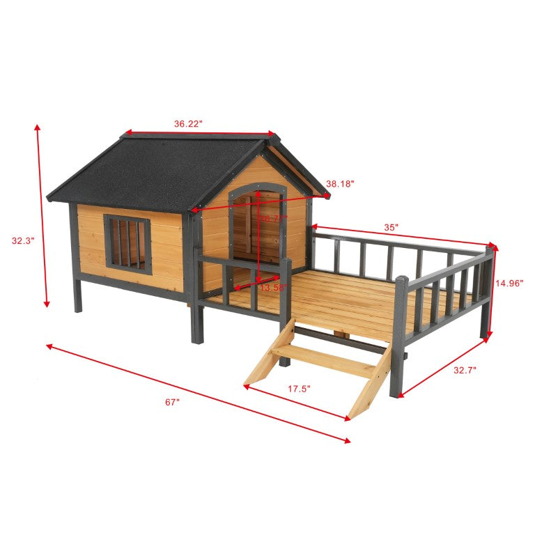 English Elm Unique Cabin Style Outdoor Dog Kennel Finnish Spruce Iron Frame with Covered Porch W219P246168