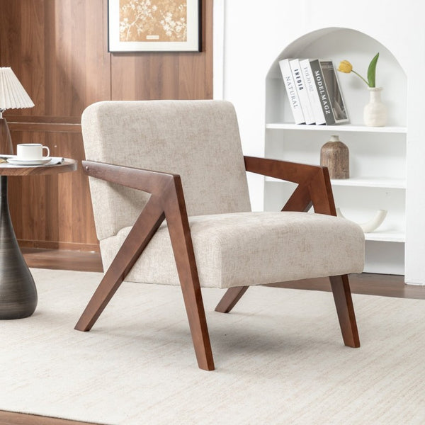 English Elm Mid Century Modern Accent Chair Solid Rubberwood Linen Fabric Seat for Living Room W2200P535109