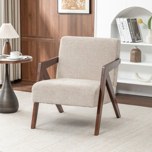 English Elm Mid Century Modern Accent Chair Solid Rubberwood Linen Fabric Seat for Living Room W2200P535109