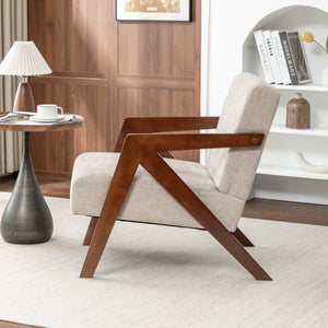 English Elm Mid Century Modern Accent Chair Solid Rubberwood Linen Fabric Seat for Living Room W2200P535109