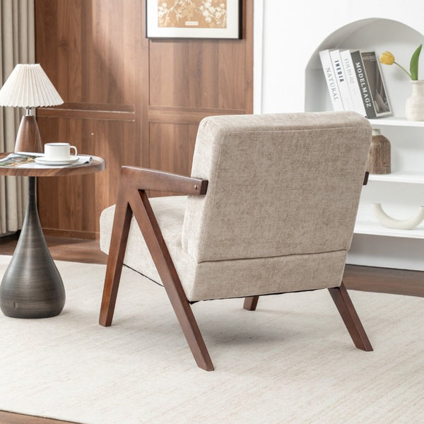 English Elm Mid Century Modern Accent Chair Solid Rubberwood Linen Fabric Seat for Living Room W2200P535109