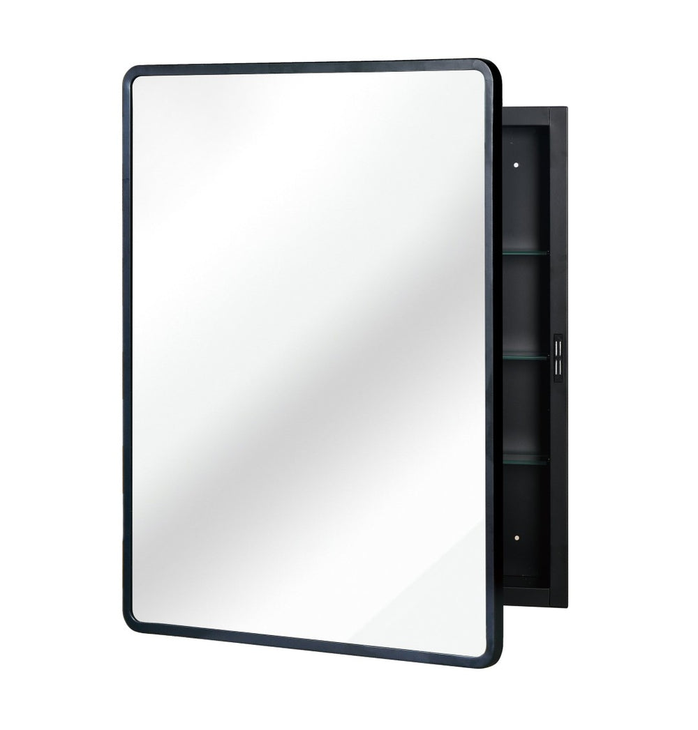 English Elm Black Matte Iron Medicine Cabinet Recessed or Wall Mount Mirror with Tempered Shelves W2203P176579