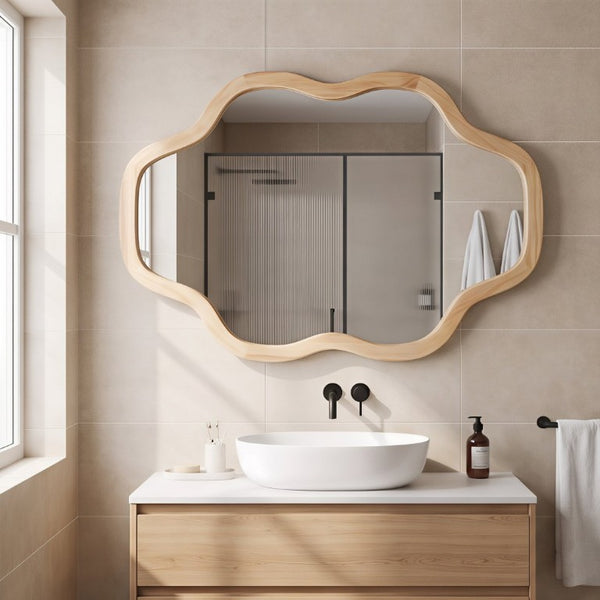 English Elm Natural Solid Wood Cloud Silhouette Wall Mirror Rustic Farmhouse Bohemian Accent Piece Natural Wood W2203P523308