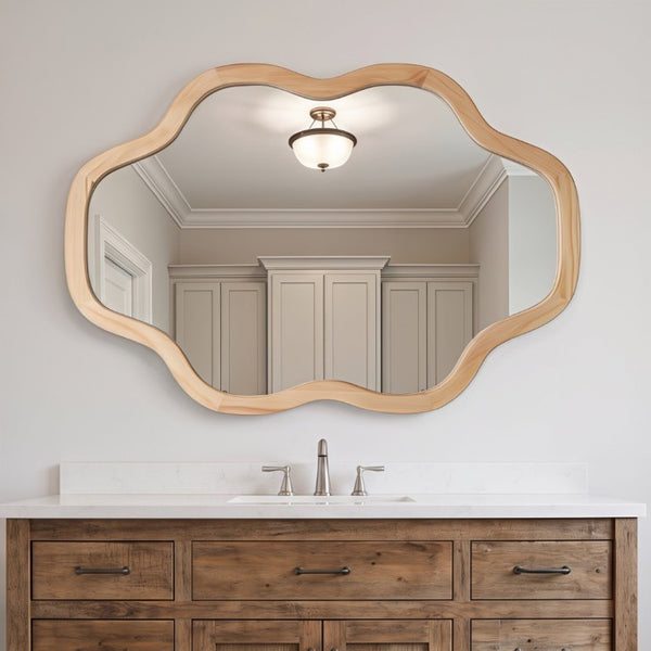 English Elm Natural Solid Wood Cloud Silhouette Wall Mirror Rustic Farmhouse Bohemian Accent Piece Natural Wood W2203P523308