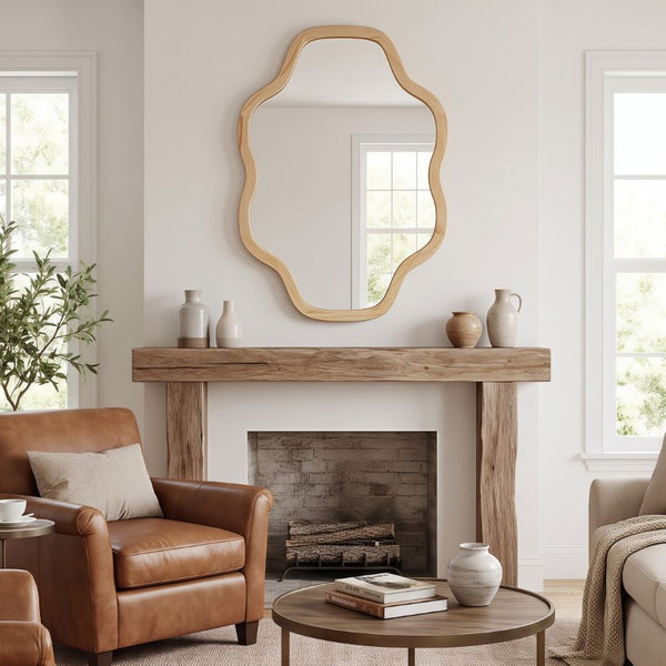 English Elm Natural Solid Wood Cloud Silhouette Wall Mirror Rustic Farmhouse Bohemian Accent Piece Natural Wood W2203P523308