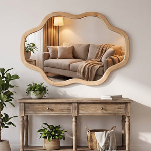 English Elm Natural Solid Wood Cloud Silhouette Wall Mirror Rustic Farmhouse Bohemian Accent Piece Natural Wood W2203P523308