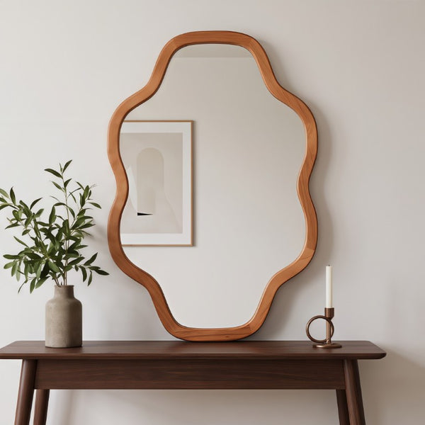 English Elm Natural Solid Wood Cloud Silhouette Wall Mirror Rustic Farmhouse Bohemian Accent Piece Yellowish-Brown W2203P523316