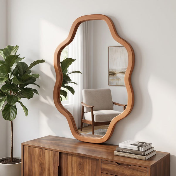 English Elm Natural Solid Wood Cloud Silhouette Wall Mirror Rustic Farmhouse Bohemian Accent Piece Yellowish-Brown W2203P523316