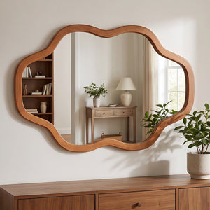 English Elm Natural Solid Wood Cloud Silhouette Wall Mirror Rustic Farmhouse Bohemian Accent Piece Yellowish-Brown W2203P523316