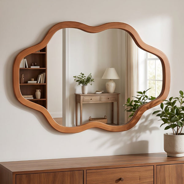 English Elm Natural Solid Wood Cloud Silhouette Wall Mirror Rustic Farmhouse Bohemian Accent Piece Yellowish-Brown W2203P523316