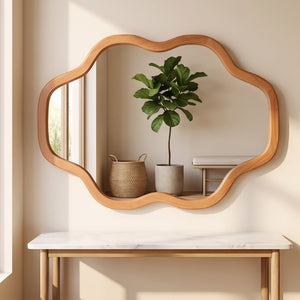 English Elm Natural Solid Wood Cloud Silhouette Wall Mirror Rustic Farmhouse Bohemian Accent Piece Yellowish-Brown W2203P523316