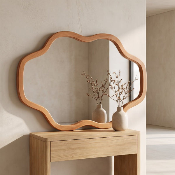 English Elm Natural Solid Wood Cloud Silhouette Wall Mirror Rustic Farmhouse Bohemian Accent Piece Yellowish-Brown W2203P523316