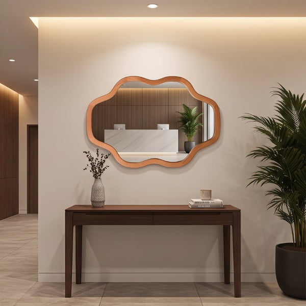 English Elm Natural Solid Wood Cloud Silhouette Wall Mirror Rustic Farmhouse Bohemian Accent Piece Yellowish-Brown W2203P523316
