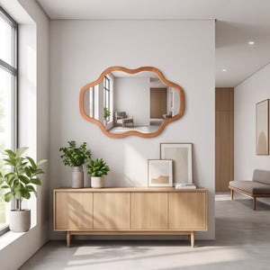 English Elm Natural Solid Wood Cloud Silhouette Wall Mirror Rustic Farmhouse Bohemian Accent Piece Yellowish-Brown W2203P523316