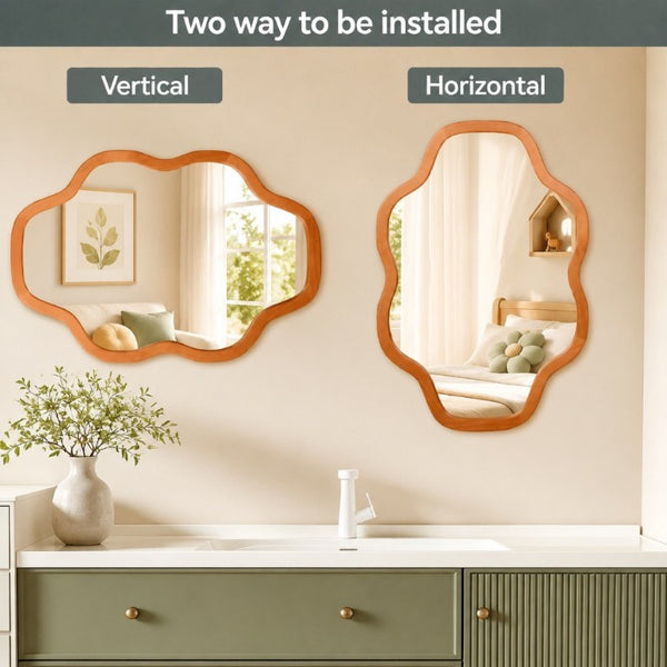 English Elm Natural Solid Wood Cloud Silhouette Wall Mirror Rustic Farmhouse Bohemian Accent Piece Yellowish-Brown W2203P523316