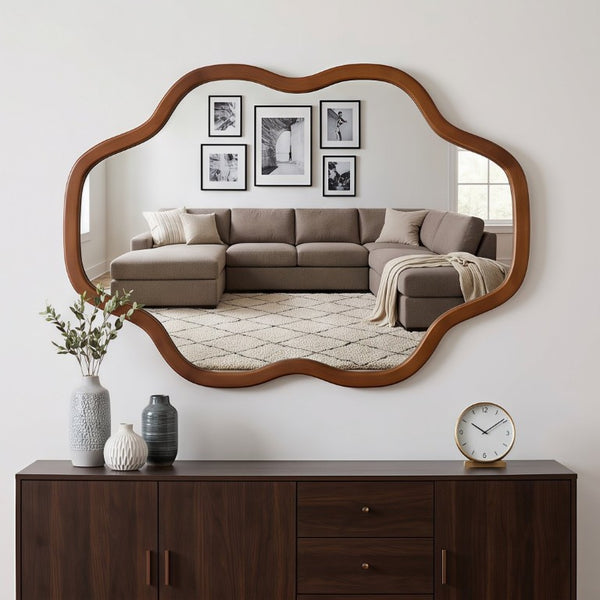English Elm Natural Solid Wood Cloud Silhouette Wall Mirror Rustic Farmhouse Bohemian Accent Piece Black + Dark Walnut W2203P523324