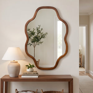English Elm Natural Solid Wood Cloud Silhouette Wall Mirror Rustic Farmhouse Bohemian Accent Piece Black + Dark Walnut W2203P523324