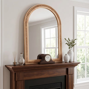 English Elm Natural Wood Arch Wall Mirror with Hand Carved Bead Frame for Farmhouse Entryway Natural Wood W2203P524896