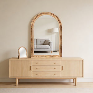 English Elm Natural Wood Arch Wall Mirror with Hand Carved Bead Frame for Farmhouse Entryway Natural Wood W2203P524896