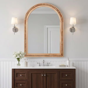 English Elm Natural Wood Arch Wall Mirror with Hand Carved Bead Frame for Farmhouse Entryway Natural Wood W2203P524896